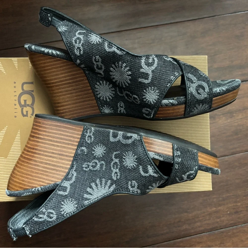 UGG Australia 1000581 Black 9 Hazel Denim Wedge Slingback Sandals Shoes #9